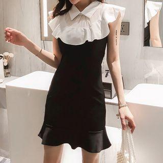 Sleeveless Ruffled Collared Mini Sheath Dress