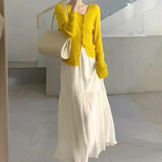 V-neck Cardigan / Midi A-line Skirt / Set