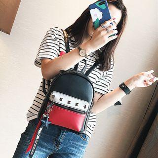 Studded Color Block Faux Leather Backpack