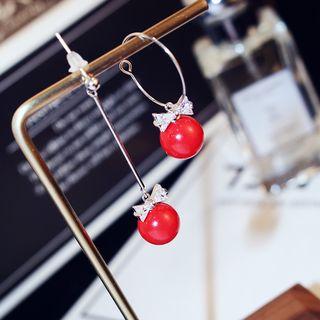 Non-matching Bow & Bead Dangle Earring 1 Pair - Red - One Size