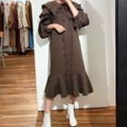 Ruffle Hem Lantern-sleeve Midi Collared Dress As Shown In Figure - One Size