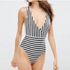 Striped Cross Strap Back Swimsuit