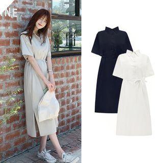 Short-sleeve Tie-waist Split Shirt Dress