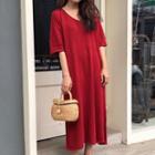 V-neck Elbow-sleeve Midi T-shirt Dress