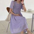 Short-sleeve Shirred Midi A-line Dress Purple - One Size