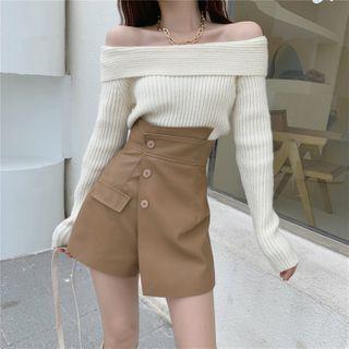 Off-shoulder Sweater / Faux Leather Mini Skort