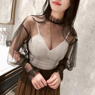 Long-sleeve Frill Trim Glitter Mesh Top White - One Size