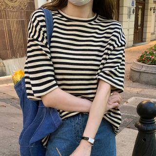 Short-sleeve Pinstriped T-shirt Stripes - Green & Gray - One Size