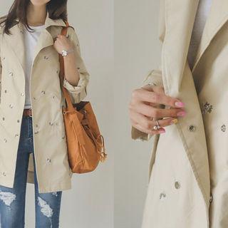 Notched-collar Flower-embroidered Long Jacket