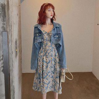 V Collar Puff-sleeved Floral Dress