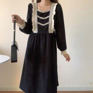 Long Sleeve Lace Trim Corduroy Dress Black - One Size