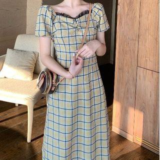 Frilled Trim Plaid Midi Dress Khaki - One Size