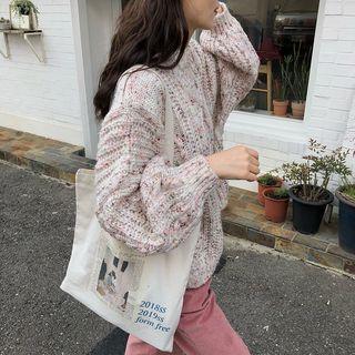 Plain Puff-sleeve Loose-fit Sweater / Lace High-waist Skirt