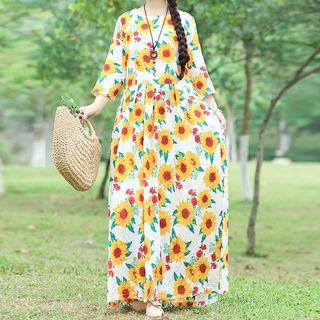 Flower Print 3/4-sleeve Maxi A-line Dress