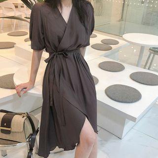 Puff-sleeve Midi Surplice-wrap Dress