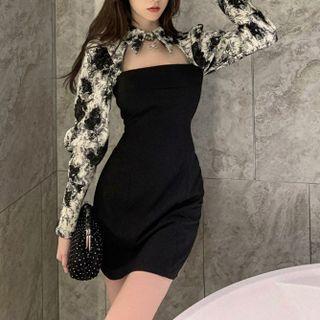 Long-sleeve Mock Two-piece Print Panel Mini Sheath Dress