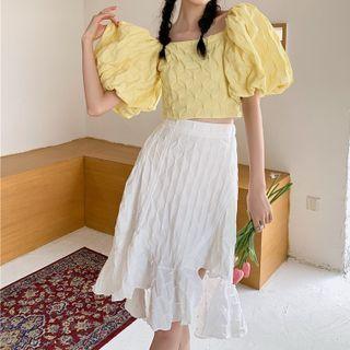 Puff-sleeve Cropped Blouse / Irregular A-line Skirt