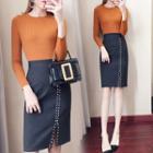 Set: Long Sleeve Knit Top + Slit Studded Pencil Skirt