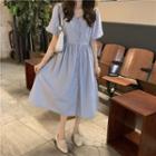 Bubble Sleeve V-neck Button-up Shirtdress