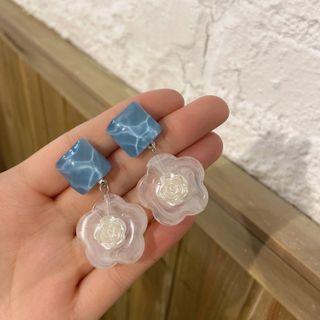 Floral Drop Sterling Silver Ear Stud 1 Pair - 925 Silver Stud Earrings - Blue & White - One Size