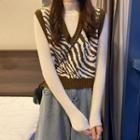 Mock-turtleneck Knit Top / Zebra Print Sweater Vest