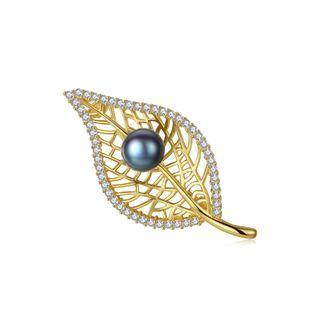 925 Sterling Silver Plated Gold Fashion Elegant Hollow Leaves Black Freshwater Pearl Brooch With Cubic Zircon Golden - One Size