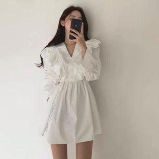 V-neck Plain Ruffle Pleated A-line Mini Dress