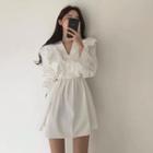 V-neck Plain Ruffle Pleated A-line Mini Dress