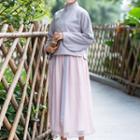 Embroidered Long-sleeve Knit Top / Midi A-line Skirt / Set