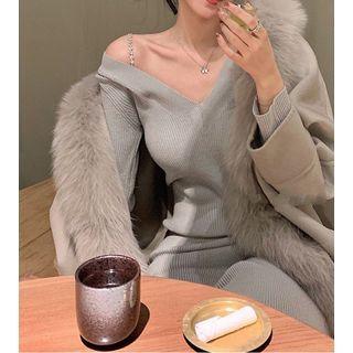 Long-sleeve Rhinestone Knit Midi Sheath Dress