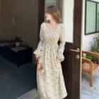Bell Sleeve Square Neck Floral Chiffon Dress