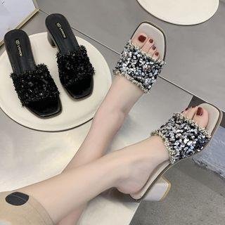 Sequined Square-toe Chunky-heel Slide Sandals