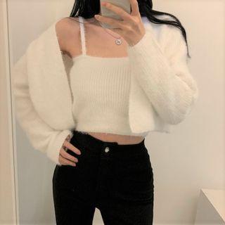 Set: Knit Camisole + Cropped Cardigan White - One Size