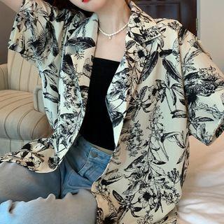 Elbow-sleeve Floral Hawaiian Shirt White - One Size