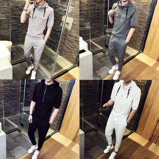 Set: Elbow-sleeve Pocketed Hoodie + Sweatpants