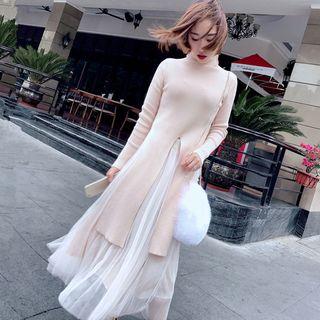 Set: Mock Neck Long Knit Top + Maxi Pleated Skirt