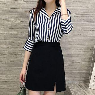 Set: 3/4-sleeve Striped Shirt + Mini A-line Skirt