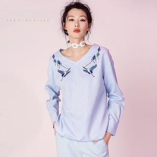 V-neck Embroidered Striped Blouse