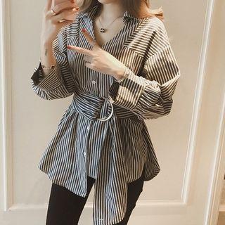 Long-sleeve Stripe Loose Fit Shirt With Sash