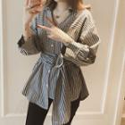 Long-sleeve Stripe Loose Fit Shirt With Sash