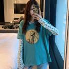 Elbow-sleeve Printed T-shirt / Long-sleeve Floral T-shirt