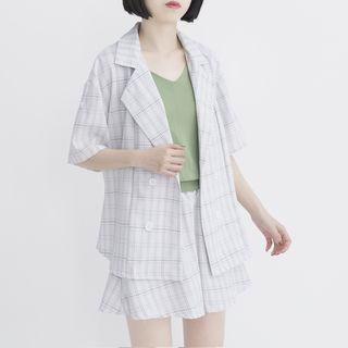 Set: Plaid Elbow-sleeve Shirt + Shorts Dirty White - One Size