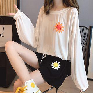 Set: Long-sleeve Floral Print T-shirt + Sweatshorts