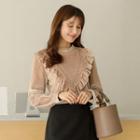 Lace-panel Frill-trim Velvet Top