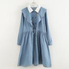Cat Embroidered Long-sleeve Denim Collared Dress Blue - One Size