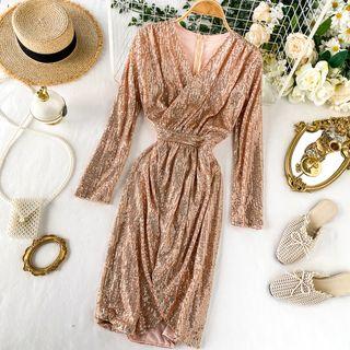Long-sleeve Sequin Midi Shift Dress