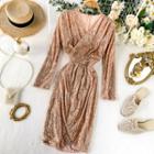 Long-sleeve Sequin Midi Shift Dress