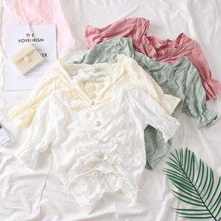 Rhinestone-button Drawstring Crop Blouse