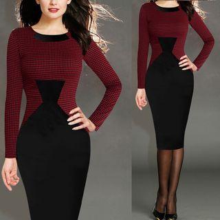 Printed Panel Elbow Sleeve / Long Sleeve Midi Dress