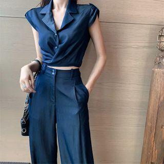 Cap-sleeve Twist Cropped Blouse / High-waist Wide-leg Pants